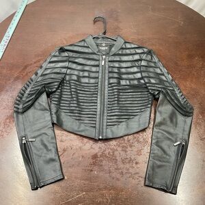bebe Black Cropped Faux Leather Moto Jacket with Striped Paneling